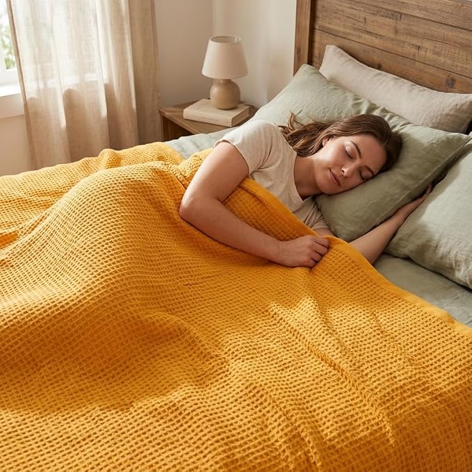 TreeWool Premium 100% Cotton Waffle Queen Blanket (90"x90", Mustard) | Breathable Lightweight Moisture Wicking Soft Knit Thermal Blanket for Summer, Bed or Sofa All-season Comfort Machine Washable
