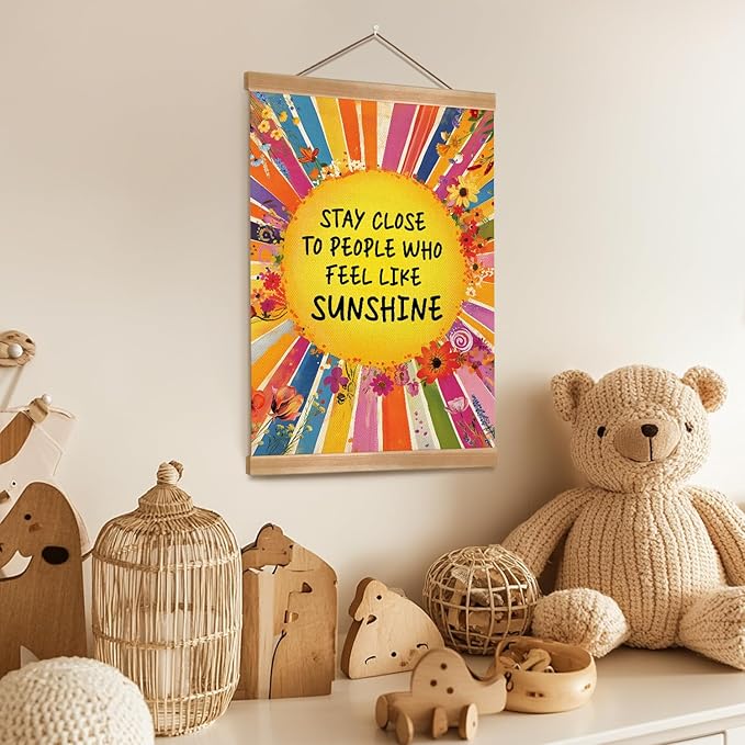 ZTGDA Inspirational Wall Art Posters,Sunshine Quote Canvas Print with Wooden Hanger,Rainbow Floral Boho Wall Decor,Positive Poster for Office,Teen Girls Room,Classroom,Nursery 12x16inch