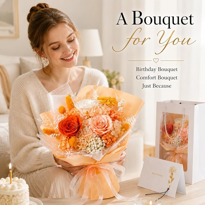 Preserved Champagne Rose Bouquet, 100% Real Flowers for Women Mother Wife, Long-Lasting Eternal Cream Roses with Gift Box, Forever Flowers for Anniversary Birthday Mother's Day, Lasts 3-5 Years