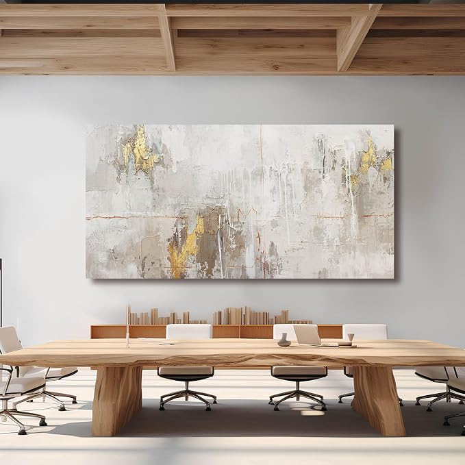 VAYIMDH Minimalist Wall Decor White with Gold Canvas Wall Art Grunge Posters Modern Abstract Paintings for Living Room Bedroom Dining Room 29"x 58"