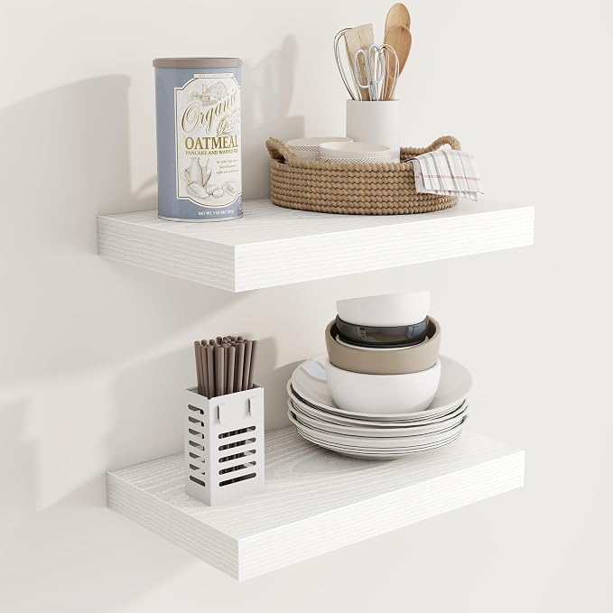Acovy 16 Inch Floating Shelves, 9.3" Deep Floating Shelf Wall Mounted, 16" Wall Shelves, Rustic Deep Bookshelf, Large Display Shelves & Storage Shelves for Bedroom, Living Room, White, Set of 2
