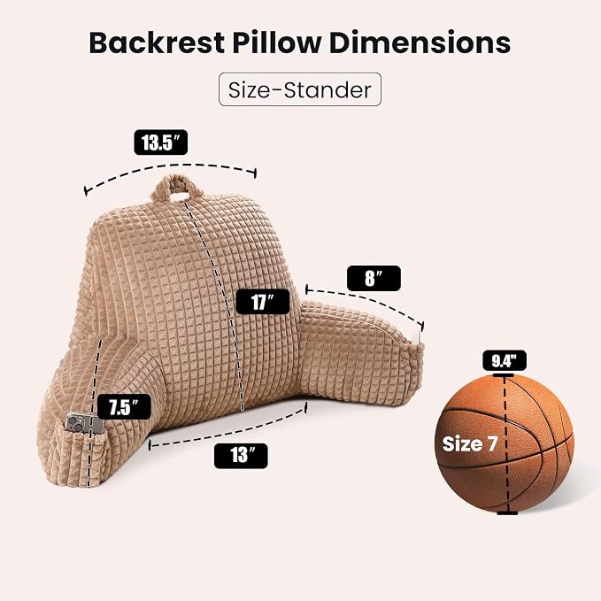 Reading Pillow with Arms for Sitting in Bed,Backrest,Khaki Flannel,M | 17" Backrest with Arms Supports Back for College Students,Elbows & Forearms for Dorm Reading,Gaming,Watching TV