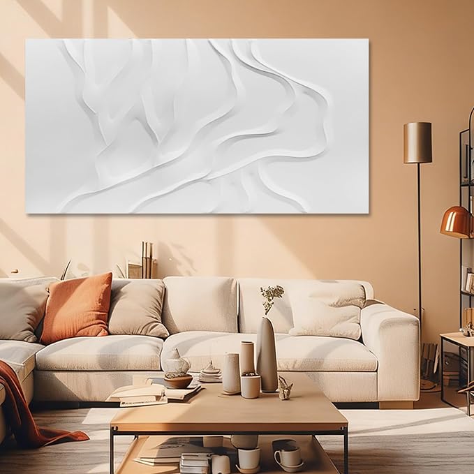 Large White Abstract Wall Art, Hand Painted Textured Canvas with Organic Sculptural Relief, Oversized Modern Statement Wall Decor for Living Room or Bedroom, Gallery Wrapped and Ready to Hang, 29×58 Inch