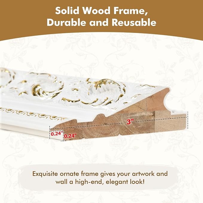 Ornate Frame for 16x24 Canvas Art Prints Oil Paintings, 3” Wide DIY Wood Canvas Frame for Landscape Portrait Fine Art, No Backboard & Cover, White Open Back Picture Frame for Home Office Decor