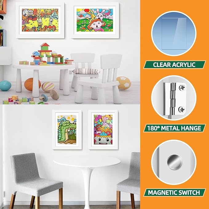 8 Pack Kids Art Frames 8.5x11 Inch Kids Artwork Flip Frame Changeable for Picture Display, Children School Drawing Projects Storage, Horizontally Vertically Wall Hanging, Front Opening
