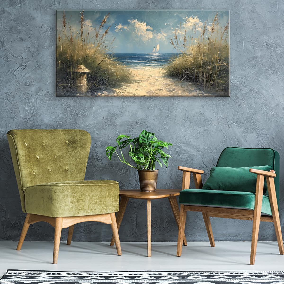 LASMOND Beautiful White Sandy Beach by Seaside Landscape Wall Art Decor Artwork for Bedroom Living Room (48x24 Inches)