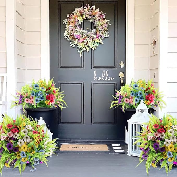 ZEOSTARO Artificial Outdoor Plants 12 Bundles Fake Boston Fern with Eucalyptus Flowers Faux UV Resistant Greenery Garden Window Box Porch Farmhouse Hanging Decor(Mix Flowers&Fern)