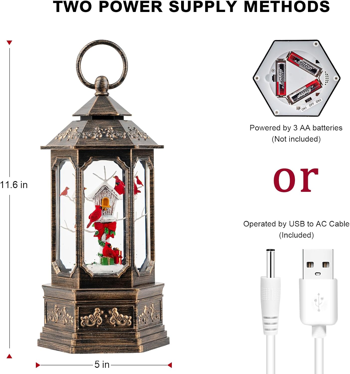 Christmas Snow Globe Lantern Water Glittering 11.6'' Cardinal & Birdhouse with Music & Timer, USB Lined/Battery Operated Lighted Lantern for Christmas Festival Decoration Gifts