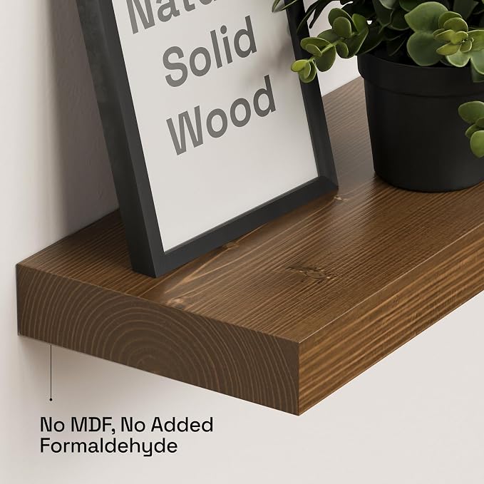 Solid Wood Floating Shelves for Wall 20 Inch Walnut, Wooden Bathroom Shelf | Real Wood, 20 Inches Wide, Heavy Duty, Wall Mounted, Kitchen Bedroom, Rustic Farmhouse, Walnut Finish, 20W × 6.7D, Set of 2