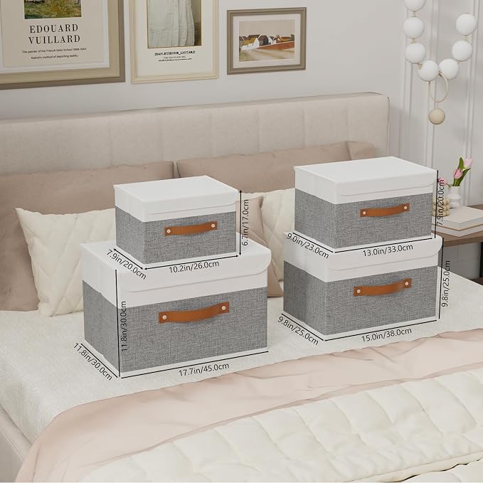 Yawinhe Collapsible Storage Bins, Decorative Storage Basket Boxes with Lids, Cube Closet Organizer Basket with Handles for Home Decor, Storage Containers for Organizing,Grey and White, SNK024WGN-1