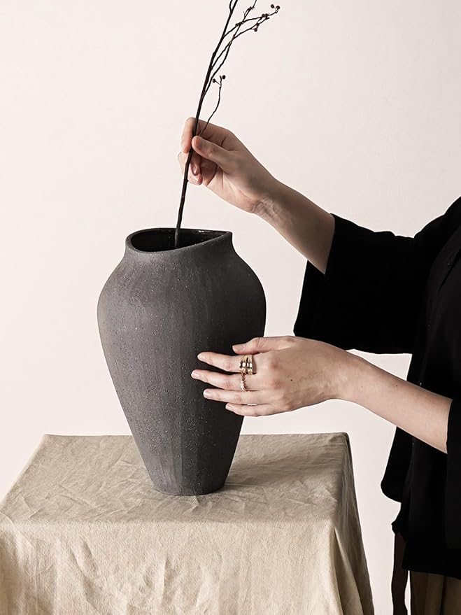Ceramic Vase - Large 11.8 Inch Tall Floor Vase for Centerpieces, Farmhouse Flower Vases, Rustic Minimalist Home Decor for Living Room, Enterway, Wedding (Sandstone Dark Gray)