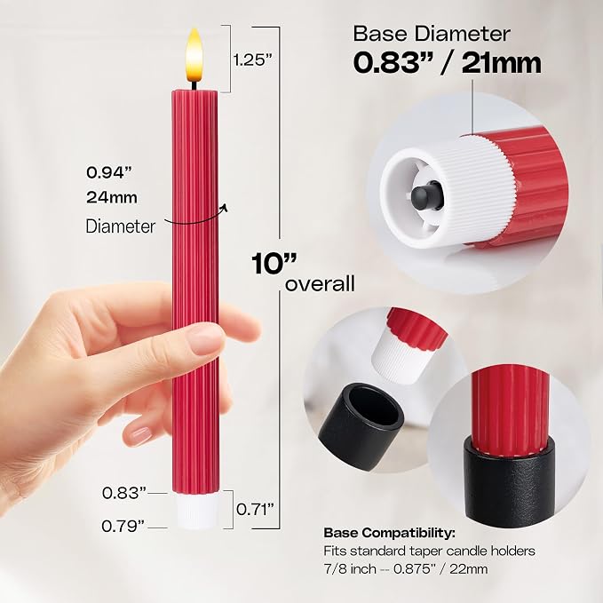 12 Pack, 10" LED Flameless Real Wax Red Fluted Ribbed Grooved Taper Candles, Remote & 24h Timer Memory, On/Off Button, Dimmable, Flicker Mode, Battery Operated, Wedding