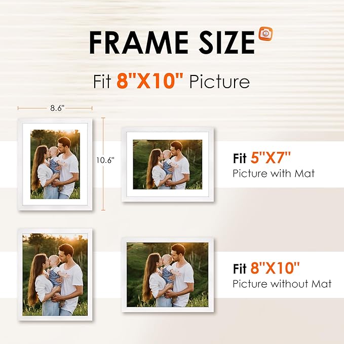 FIXSMITH 8x10 Picture Frame Set of 2, Photo Frame with HD Plexiglass, Display Pictures 5x7 with Mat or 8x10 Without Mat, White Picture Frames Collage for Tabletop or Wall Display (Pack of 2)