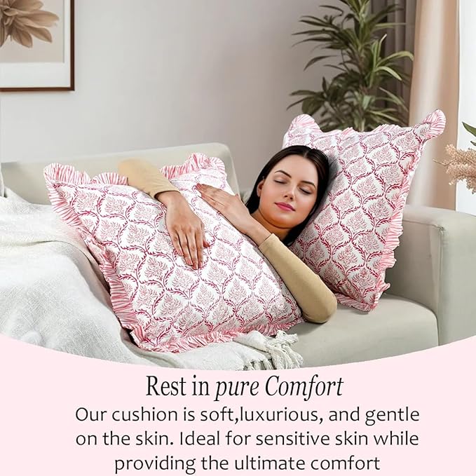 CPC Blush Rose Hand Block Print 100% Cotton Ruffle Throw Pillow Cover 24x24 inch with Hidden Zipper Decorative for Couch, Bed, Sofa, Farmhouse, Cottagecore Decor Gift Christmas Fall Thanksgiving
