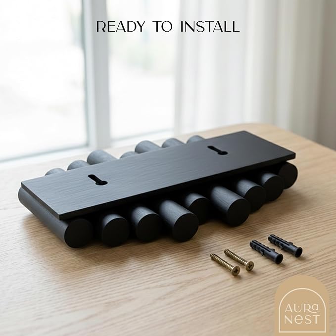 Bamboo Piano Coat Rack Wall Mount Pivoting Retractable Wooden Hooks for Entryway Hallway Mudroom Bedroom Bathroom | Matte Black Wood Hanger, 3 Hooks, Space Saving Organizer