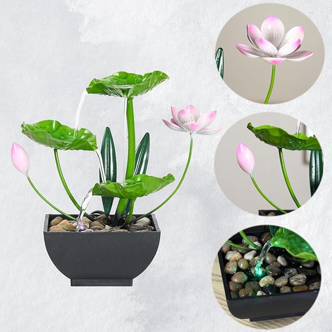 Water Fountain Indoor Waterfall Fountain 3-Tier Tabletop Fountain Lotus Desk Relaxation Home Decor Including Lots of Rocks and Soothing Sound Machine (Green 2)