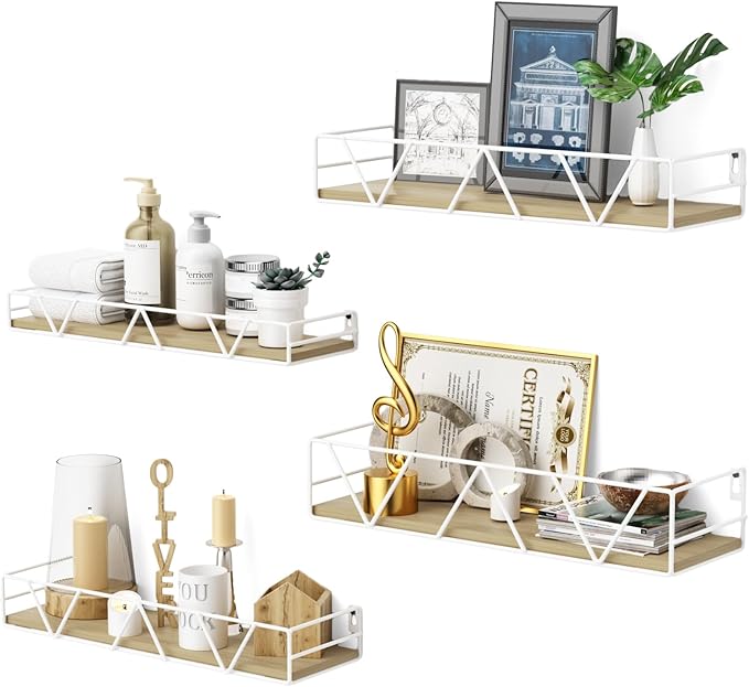 Amaoot Floating Shelves Set of 3, Home Wood Wall Shelf, Farmhouse Shelf for Bedroom, Wall Mounted Floating Shelf for Living Room, Bedroom, Bathroom, Kitchen, Office (White-4pcs)