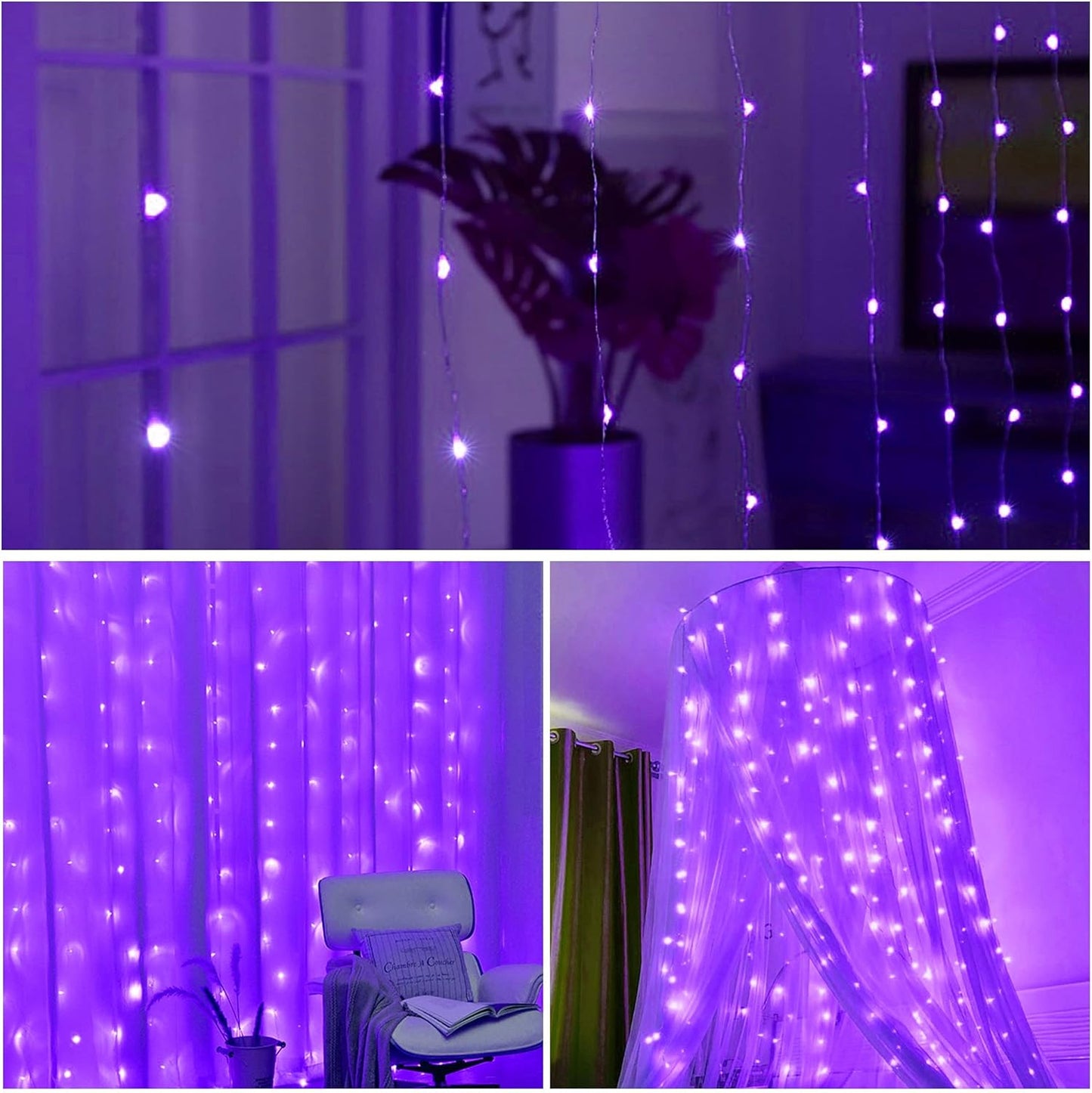HOME LIGHTING Window Curtain String Lights, 300 LED 8 Lighting Modes Fairy Copper Light with Remote, USB Powered for Halloween Christmas Bedroom Party Wedding Home Garden Wall Decorations, Purple