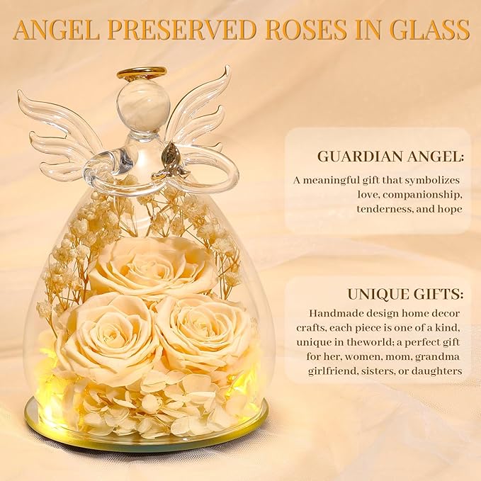 Beferr Mothers Day Mom Birthday Gifts for Women, Fresh Flowers for Delivery Forever Preserved Rose in Glass Angel Figurine, Anniversary Christian Real Rose for Grandma Nana Wife Mum from Daughter Son