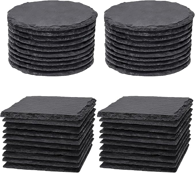 40 Pack Slate Drink Coasters Set, 4 Inch Black Slate Stone Coasters Bulk Laser Engraving Blanks with Anti-Scratch Bottom for Drink Coffee Bar Kitchen Home Decor(20 Round & 20 Square)
