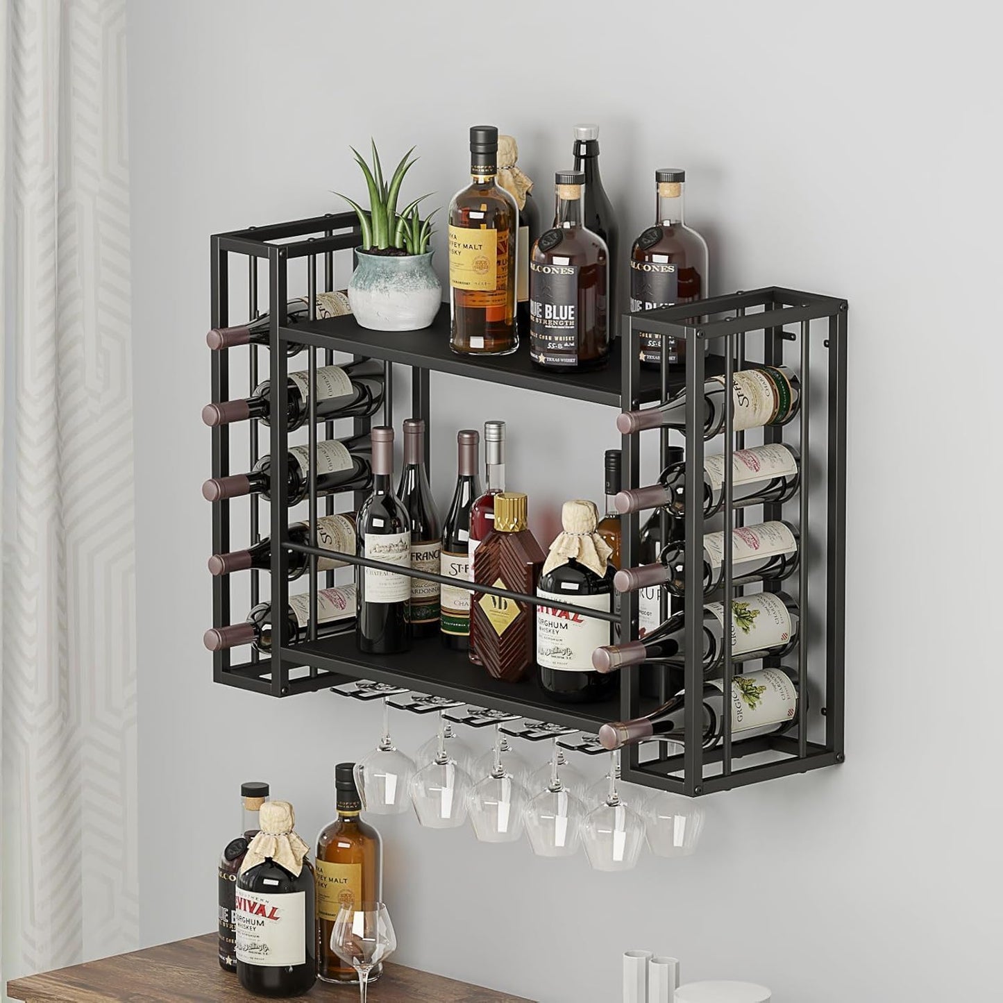 Wall Mounted Wine Rack, Wine Rack Wall Mounted with Wine Glass Rack, 2-Tier Multi-Functional Shelf for Home Restaurant Bar Storage Rack,Black (40”W x 9.8”D x 21.65”H)