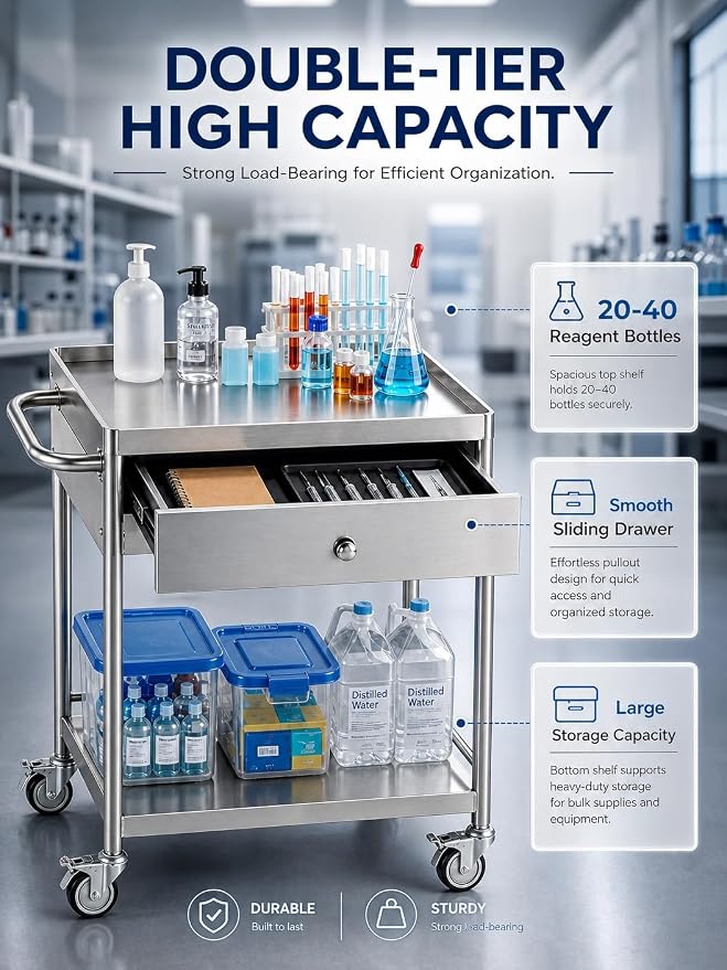 Metal Rolling Cart with 360° Silent Wheels, 220 lbs Capacity Utility Cart, 2-Tier Medical Cart with Handle & Lockable Casters for Lab, Clinic, Kitchen, BBQ Party, Salon