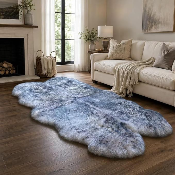 Sheepskin Rug, Fluffy Shaggy Area Rug, Super Soft 48‘’ x 72‘’ Sheepskin Hair Rug, Plush Rug, Decorative Rugs for Bedroom, Children's Room, Living Room(Silver Grey, 48"×72”)