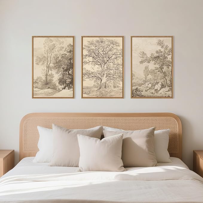 Large Vintage Sketchbook Framed Canvas Wall Art Set, Minimalist Tree Sketch Wall Decor, Neutral Botanical Wall Painting, Boho Nature Landscape Art Print Living Room, Bedroom, Office 16"x24"x3
