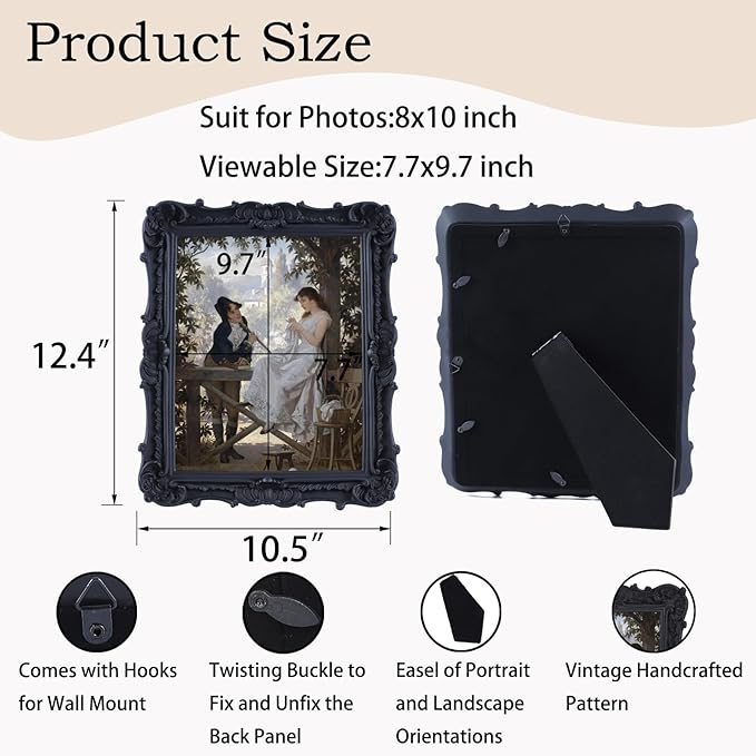 Antique Picture Frames 8x10 Vintage Victorian Ornate Picture Frames with Front Glass Wall Mount and Tabletop Gothic Home Decor Retro Gallery Wall Decor,1 Pack,Black