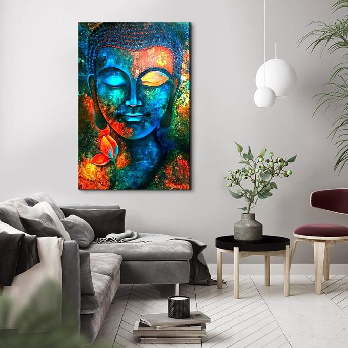 Blue Buddha Wall Decor Colorful Abstract Buddha Head Wall Art Zen Posters Modern Home Decor Living Room Study Bedroom Canvas Prints Painting Lotus Murals Hang Pictures Decoration 36x48 Inch