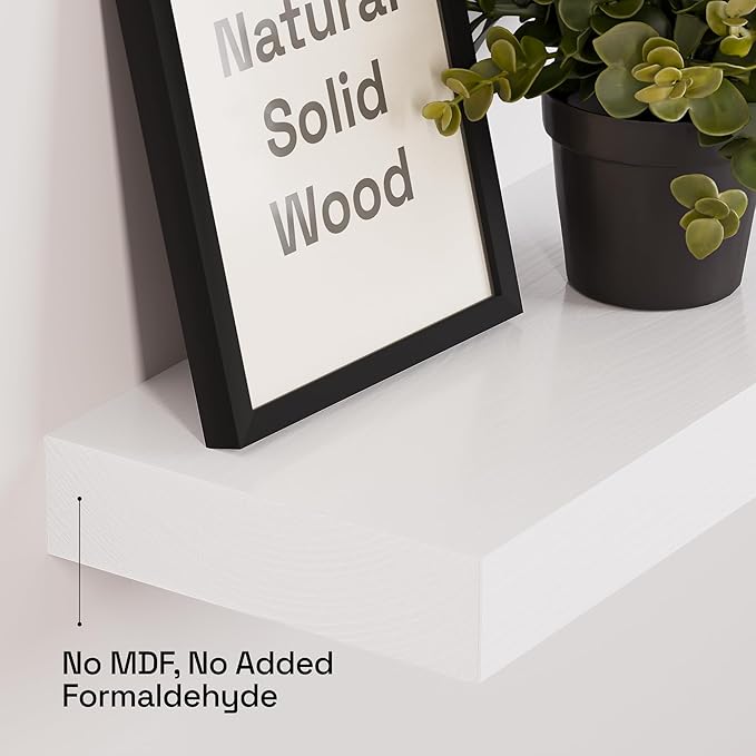 Solid Wood Floating Shelves for Wall 30 Inches Long, White Wooden Shelf | Real Wood, 30 Inch, Bathroom Shelf Large, Heavy Duty, Wall Mounted, Kitchen Bedroom Thick, White Finish, 30W × 6.7D, Set of 2