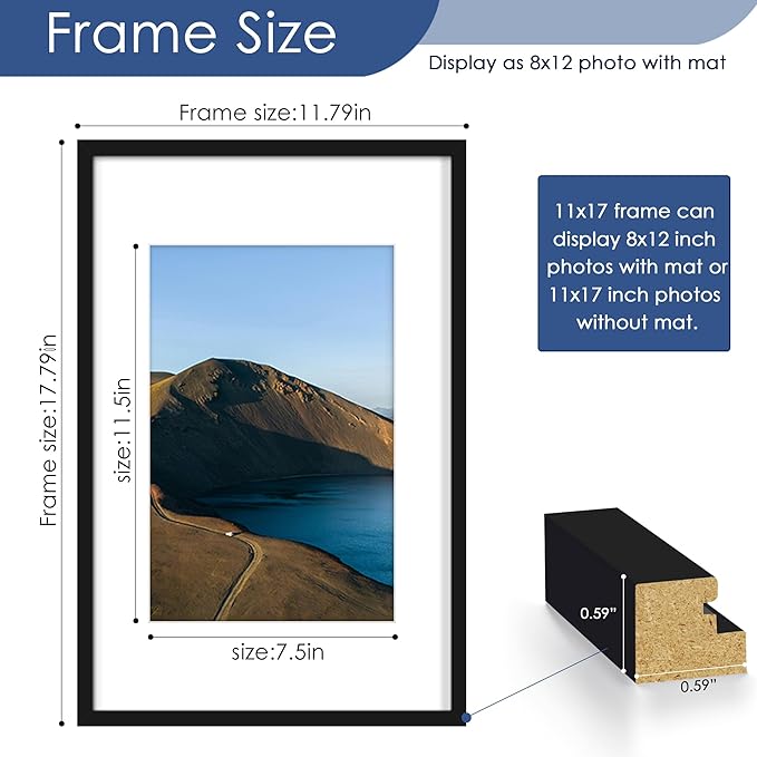 PEALSN 11x17 Picture Frame Set of 6, Display Pictures 8x12 with Mat or 11 x 17 without Mat for Wall Mounting Display, Photo Frames Collage for Wall Decor, Black.