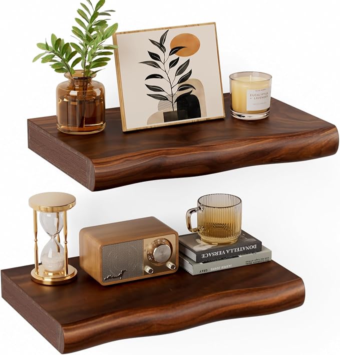 Solid Wood Live Edge Floating Shelves Set of 2 – 12" Rustic Wall Shelf with Hidden Bracket System, Wall Mounted Shelves for Bathroom, Kitchen, Living Room, Bedroom (Walnut)