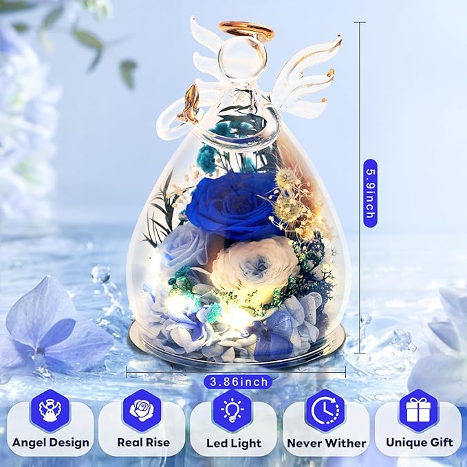 Blue Preserved Rose Angel Figurine, Get Well Soon Gifts for Women, Christian Sympathy Memorial Decor, Healing Real Flower Present for Her