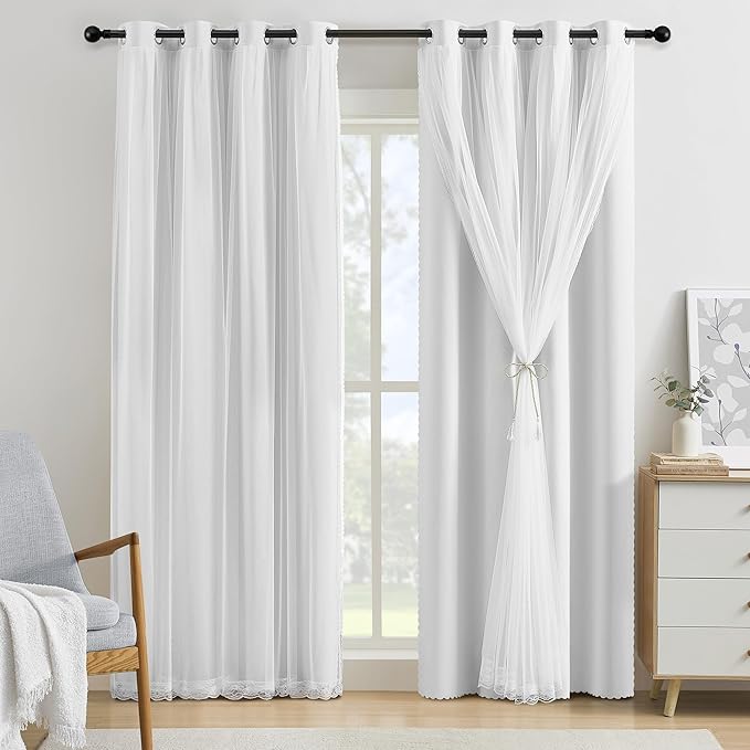 XiDi White Blackout Curtains with Sheer Overlay for Bedroom 63 Inches Long 2 Panels 100% Black Out Double Layer Curtains Thermal Insulated Room Darkening Grommet Short Drapes Greyish White 34W x 63L