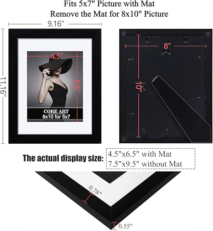CORE ART 8x10 Black Picture Frame Set of 4,Display Pictures 5x7 with Mat or 8 x 10 without Mat,Multi Photo Frames Collage for Wall or Tabletop Display