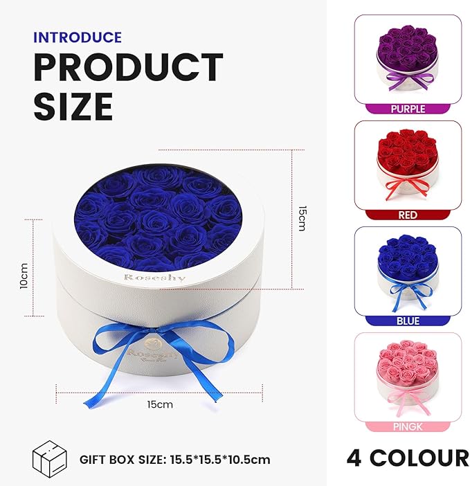 Mothers Day Flowers Roses Gifts for Mom,16pcs BlueForever Preserved Roses in Round Gift Box,Mothers Day Delivery Prime Gifts-Roses Gifts for Women,Mom.