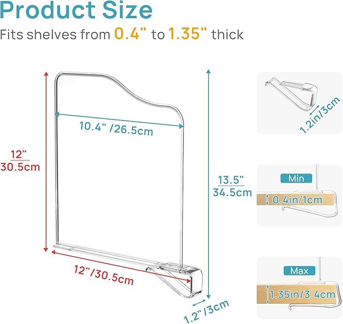 Vtopmart 4 Pack 12in Height Shelf Dividers for Closet Organization, Clear Plastic Closet Shelf Dividers of Upgrade 12in for Maximizing Vertical Space Storage, Organizing Sweater, Jeans, Shirts, Bags