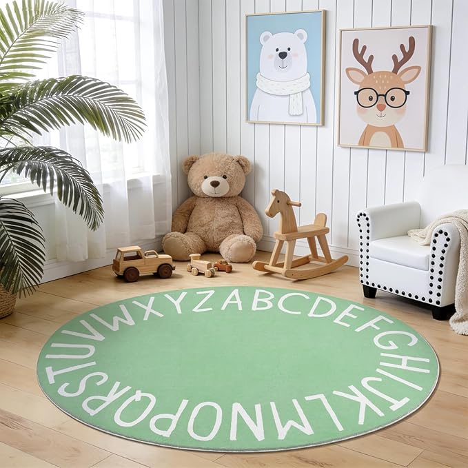 Topotdor Oval Kids Play Rug Alphabet Nursery Area Rug Extra Large Soft Crawling Play Mat for Children Toddlers Bedroom (47x70 inch, Sage Green)