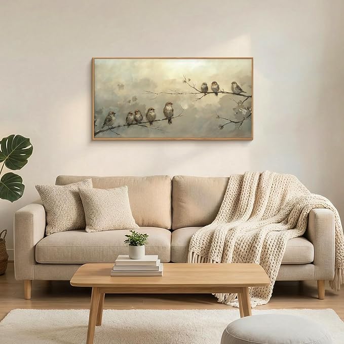 LHIUEM Large Cute Birds Framed Canvas Wall Art,Antique Sparrow Branch Wall Decor,Vintage Farmhouse Painting,Retro Natural Landscape Artwork for Living Room,Bedroom,Dining Room,Office -20"x40"x1