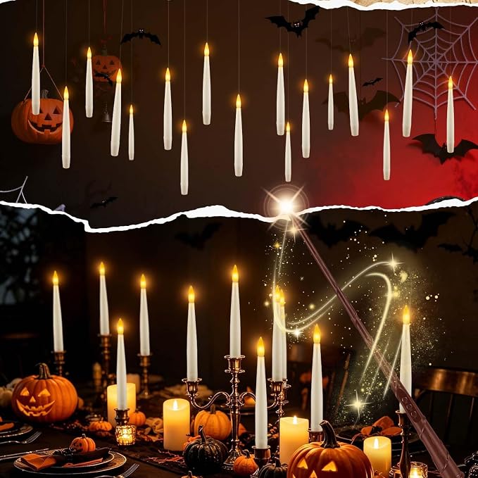 12White Flameless Floating Candles with Wand Remote, Magic Hanging Candles with String, Taper Candle Flickering Flameless Light Halloween Candles for Halloween Christmas Birthday Party Decor.
