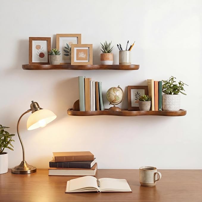 Pinkunn 2 Pcs Floating Shelves for Wall Wood Scalloped Floatings Shelf Live Edge Floating Shelves Modern Scalloped Mounted Shelf Farmhouse Wall Decor for Home Bedroom Kitchen(15.8" X 6", Wave, Walnut)