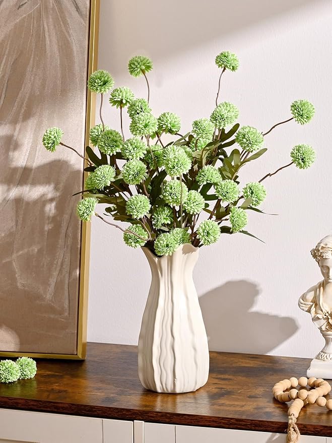 Waipfaru 10pcs Fake Flowers, Artificial Pompon Mums , Bulk Faux Chrysanthemums Flowers for Indoor Home Decorations, Boho Decor, Green, No vase