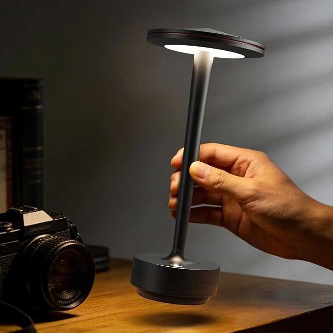 Cordless Table Lamps,6000mAh Rechargeable Battery,Portable LED Lamp with 60H Runtime,3 Color Modes&Stepless Dimming,Waterproof Metal Lamp for Patio,Restaurant Bedroom Dining Black