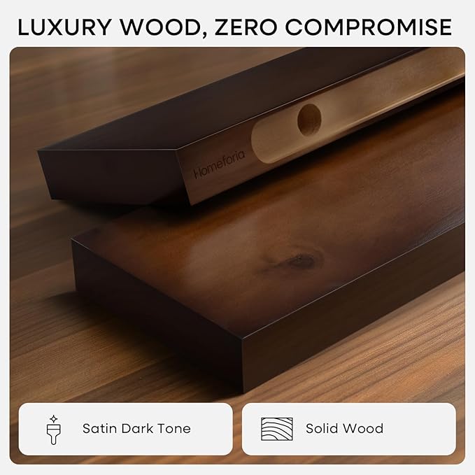 Homeforia 30inch Walnut Floating Shelves for Wall Mounted, High End Solid Real Wood 30 in Floating Shelf, Dark Brown Wooden 30 inch Long Floating Shelves, Heavy Duty Bracket, 30 X 6.5 X 1.75, Set of 2