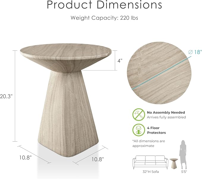 24/7 Shop at Home Ranera Modern 18-inch Natural Stone Side Table with Angular Pedestal Base, Marble Nightstand, Geometric Patio End Table, for Living Room, Covered Outdoor Spaces, Beige Travertine