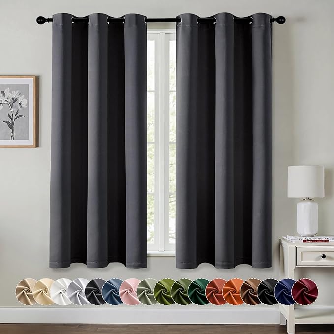MIULEE Dark Grey Blackout Curtains for Bedroom Living Room 63 Inches Long 2 Panels, Thermal Insulated Room Darkening Drapes Solid Grommet Noise Reduction Light Blocking Window Treatments 34x63 Inch