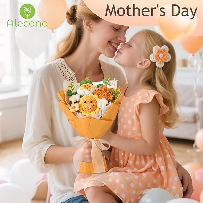 Alecono Crochet Flower Bouquet, Orange Smile Sunflower Knitted Flowers, Handmade Bouquet of Flowers for Mother's Day Graduation Anniversary Birthday Party Valentine's Day Gifts (Include Card)