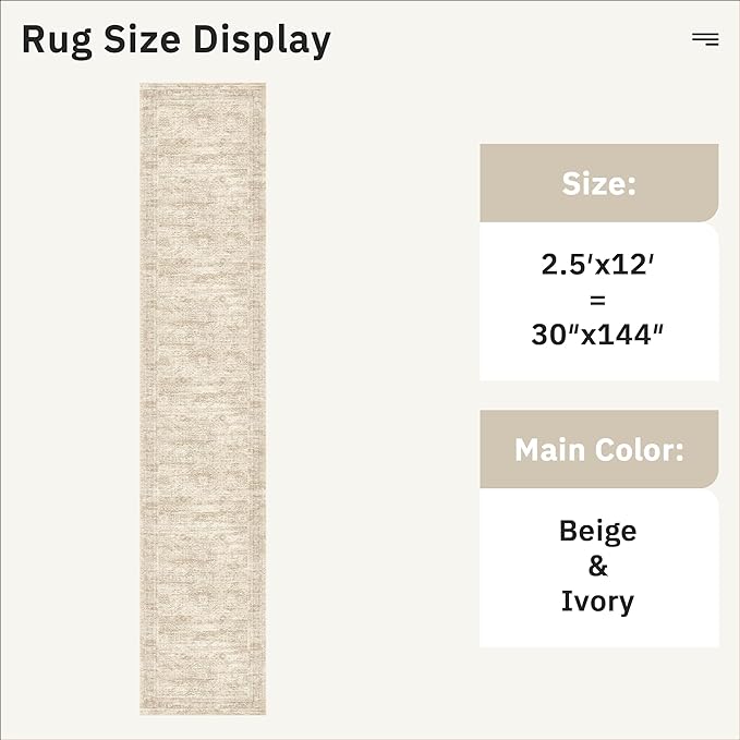 Soalmost Runner Rug 2'6" x 12' Washable Non-Slip Runner Rugs for Kitchen Bathroom Laundry Room Vintage Ultra Thin Runners for Hallway Entryway Beige