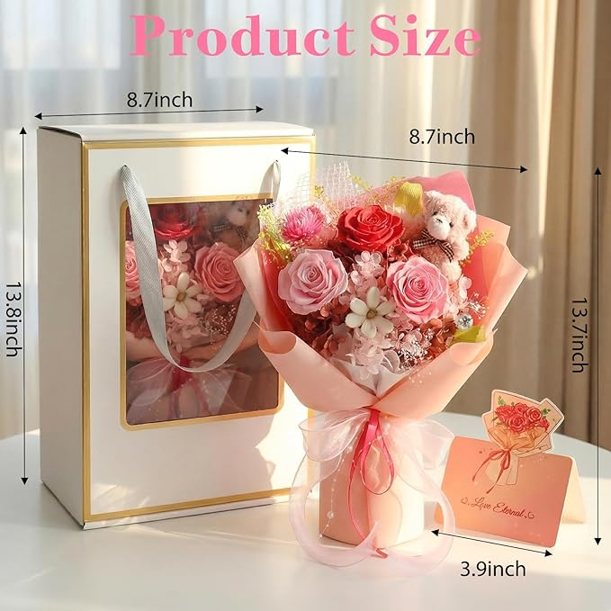 Flowers for Delivery, Preserved Flowers Bouquet, Pink Rose Bear Forever Flower Bouquet with Gift Box, Mothers Day Gifts for Mom, Birthday & Valentines Day Gifts for Women, Wife, Her, Grandma
